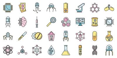 Nanotechnology science icons set vector color line