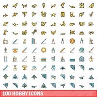 100 hobby icons set, color line style vector