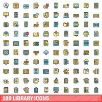 100 library icons set, color line style vector