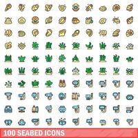 100 seabed icons set, color line style vector