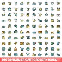 100 consumer cart grocery icons set, color line style vector