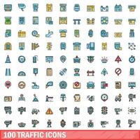 100 traffic icons set, color line style vector