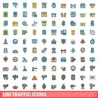 100 traffic icons set, color line style vector
