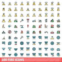 100 fire icons set, color line style vector