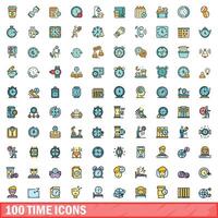 100 time icons set, color line style vector