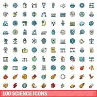 100 science icons set, color line style vector