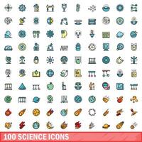 100 science icons set, color line style vector