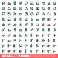 100 security icons set, color line style vector