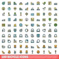 100 bicycle icons set, color line style vector