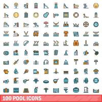 100 pool icons set, color line style vector