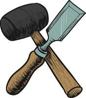 Chisel and mallet icon  style color vector illustration