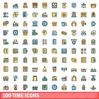 100 time icons set, color line style vector