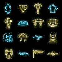 Fly parachuting icons set vector neon