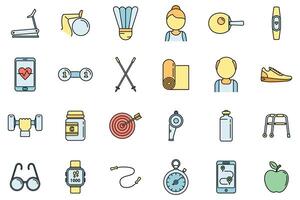 Workout seniors activity icons set vector color line