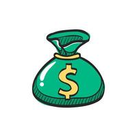 Money sack icon in hand drawn color vector illustration