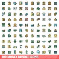 100 money bundle icons set, color line style vector