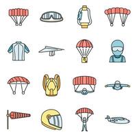 Fly parachuting icons set vector color line