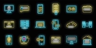 en línea multifactor autenticación íconos conjunto vector neón