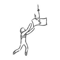 Man chasing dollar bait icon in hand drawn doodle vector