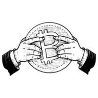 Hand holding bitcoin coin hand drawn vector illustration.