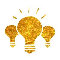 Hand drawn Light bulb icon in gold foil texture vector illustration