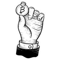 Hand holding bitcoin coin. Hand drawn vector illustration.