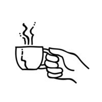 Hand holding hot drink cup. Coffee, tea, milk, chocolate beverage. Hand drawn vector illustration. Editable line stroke