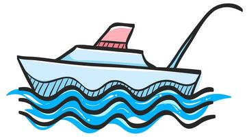 Fishing boat icon in hand drawn color vector illustration