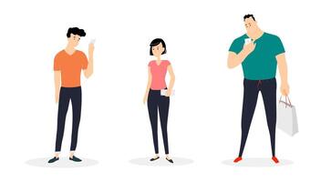 Group portrait of three people. Standing men with gadgets and a woman. Vector illustration.