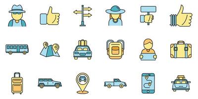 Hitchhiking automobile icons set vector color line