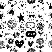 Seamless pattern hand drawn scribbles element collection of star, heart, crown, flower vector