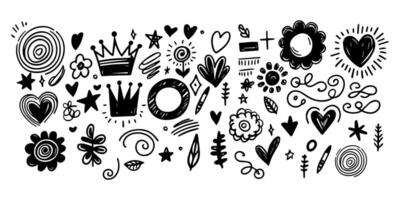 Set hand drawn scribbles element collection of star, heart, crown, flower vector