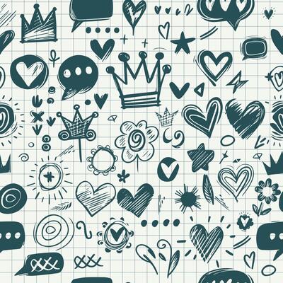 Seamless pattern abstract scribble doodles speech bubble, star, heart, crown, flower