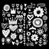 Set hand drawn black and white scribbles star, heart, crown, flower vector