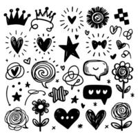 Set different hand drawn scribbles element collection of star, heart, crown, flower vector