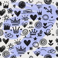 Seamless pattern scribbles star, heart, crown, flower vector