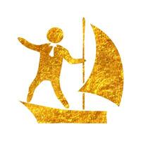 Hand drawn Businessman sailing icon in gold foil texture vector illustration