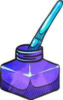 Ink pot icon with brush in color drawing. vector