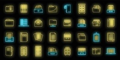 Office storage of documents icons set vector neon