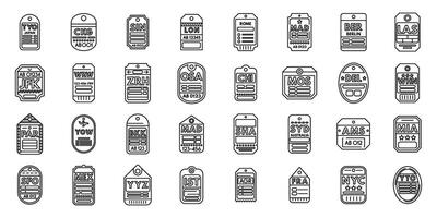 Airport travel tags icons set outline vector. Luggage baggage vector