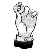 Hand holding bitcoin coin. Hand drawn vector illustration.