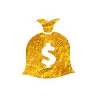 Hand drawn Money sack icon in gold foil texture vector illustration