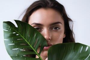 AI generated A beautiful young girl in a studio against a white with leaves monstera photo