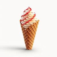 AI generated Delicious ice cream with strawberry topping in a waffle cone, isolated on a white background photo