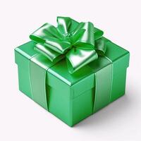 AI generated Green 3d gift box decorated with a large festive bow on a white background. A present for Saint Patrick's Day photo