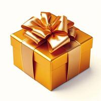 AI generated Golden 3d gift box decorated with a large festive bow isolated on a white background photo