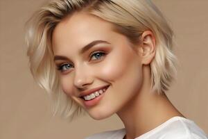 AI generated Studio portrait of a beautiful young girl with short blond hair and blue eyes smiling at the camera. Beauty and skincare promotional image. photo