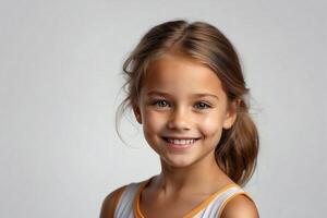 AI generated Studio portrait of a smiling young girl. Dental advertisement. Promotional image. Isolated on a plain background. photo