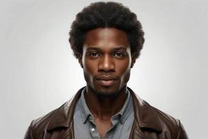 AI generated Studio portrait of a young black man staring at the camera. Isolated on a plain background. Promotional image. photo