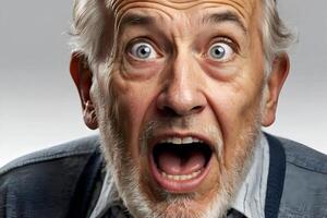 AI generated Close-up image of an elderly man with a surprised expression on his face. photo